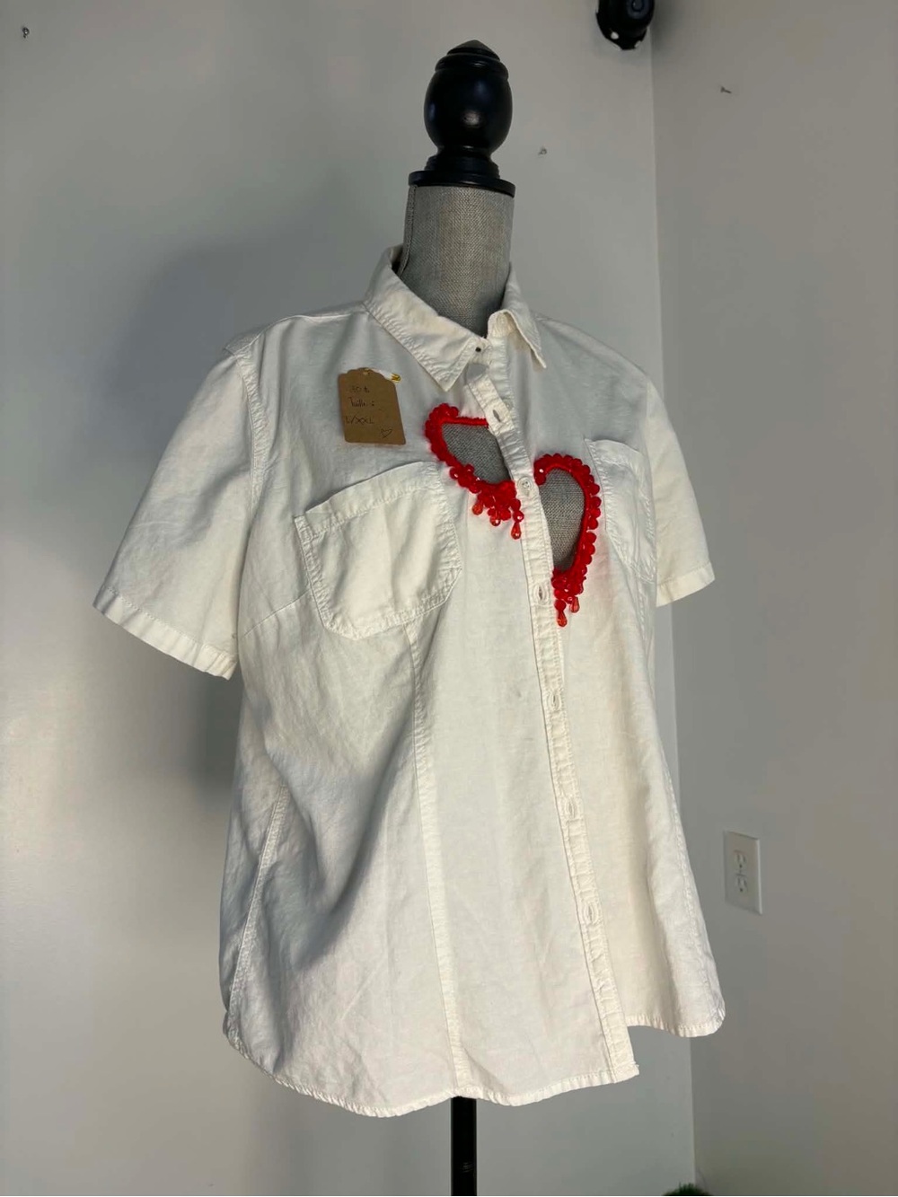 White Button-Up Shirt with Red Heart Cutout